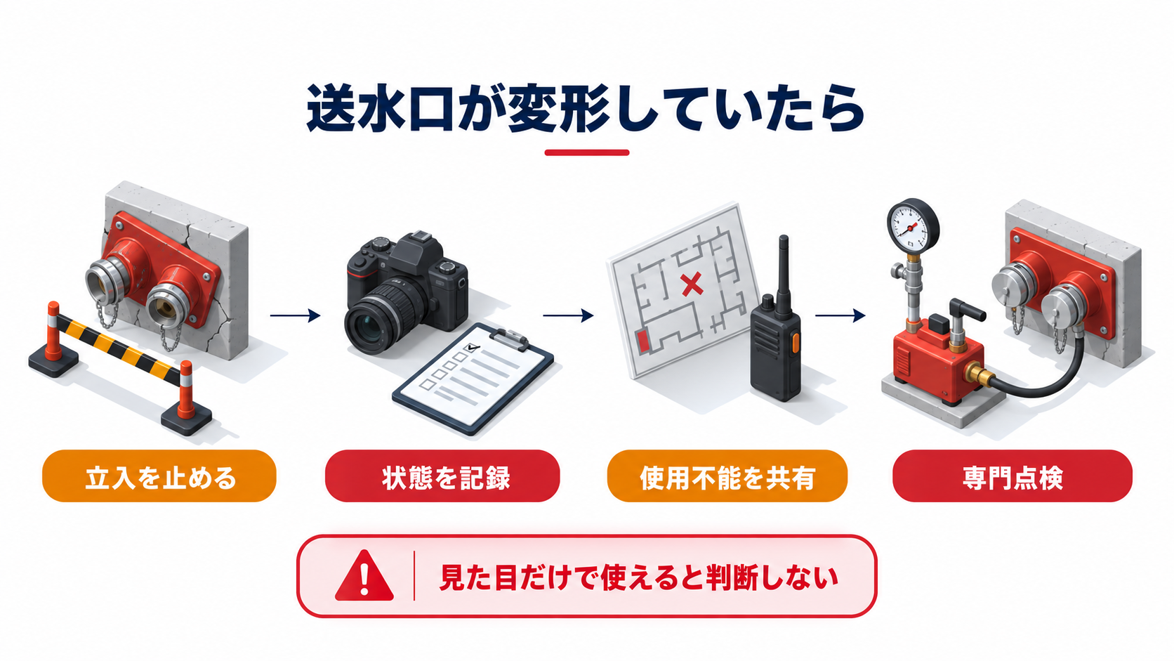 送水口の変形を見つけたら立入を止めて状態を記録し使用不能を共有して専門点検へつなぐアイソメ図