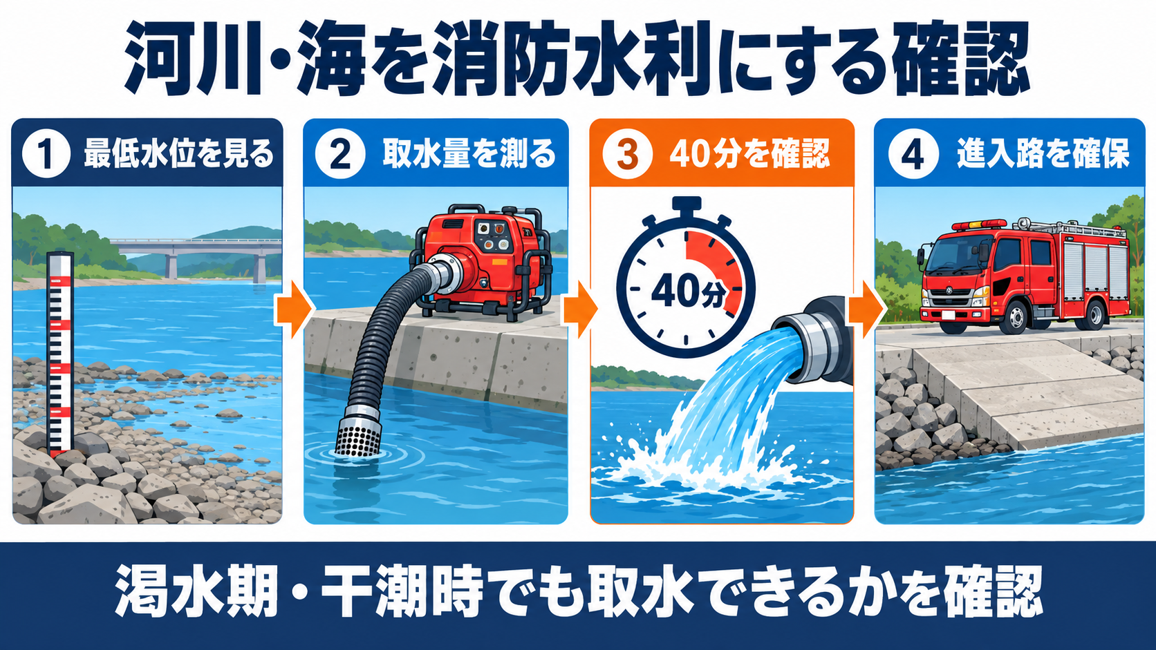 河川や海を消防水利にする確認手順 最低水位 取水量 40分 進入路