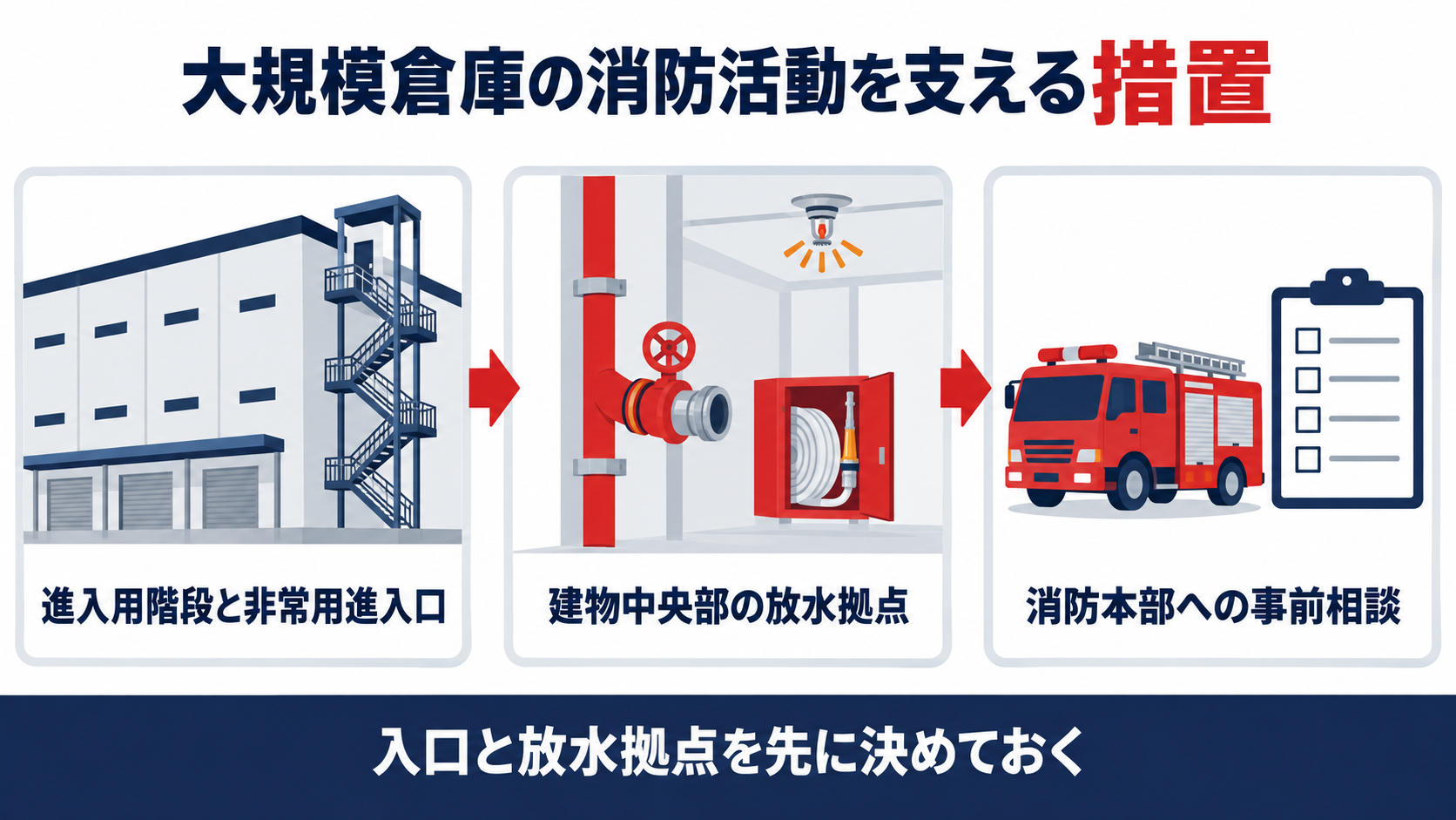 進入用階段と非常用進入口、建物中央部の放水拠点、消防本部への事前相談の三つで大規模倉庫の消防活動を支えることを示す図解
