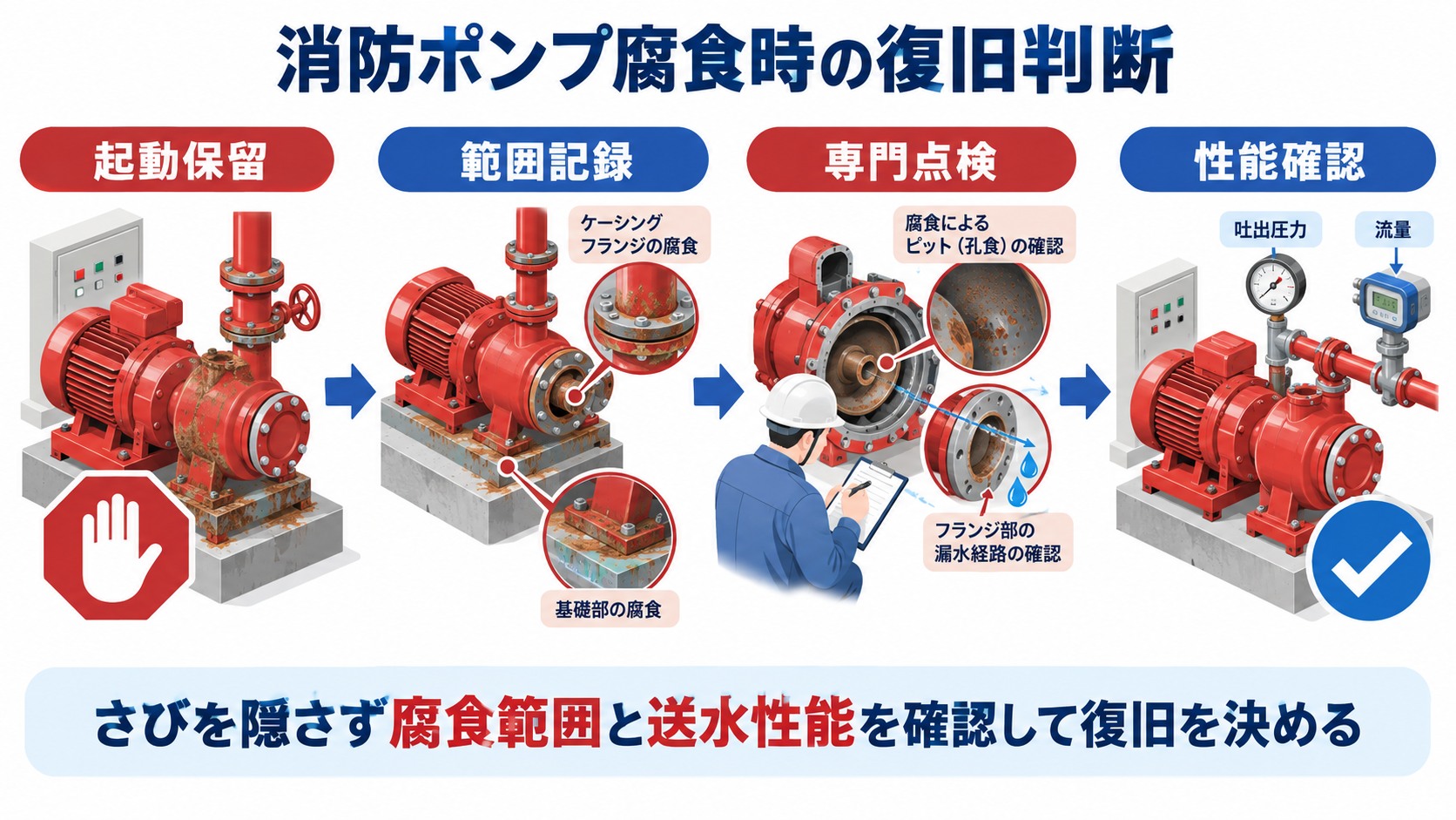 消防ポンプ本体の腐食を見つけて起動保留から範囲記録と専門点検を経て性能確認へ進む四工程の横長インフォグラフィック