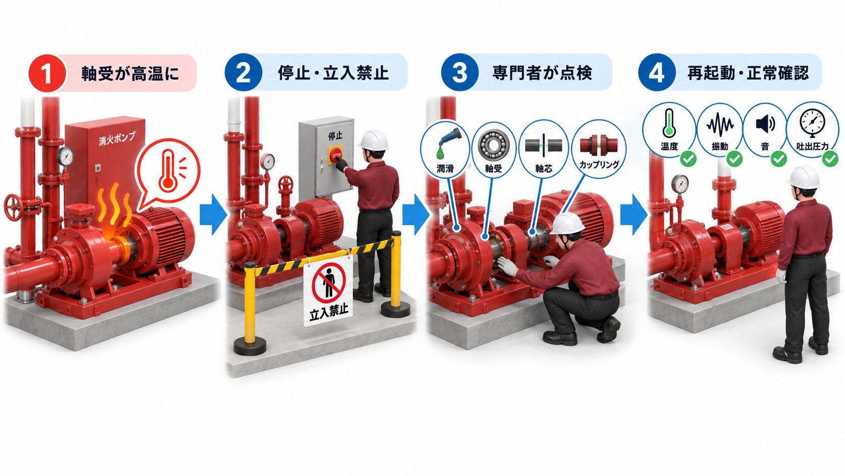 消防ポンプの軸受発熱を発見して停止し専門点検と再試運転へ進む流れ