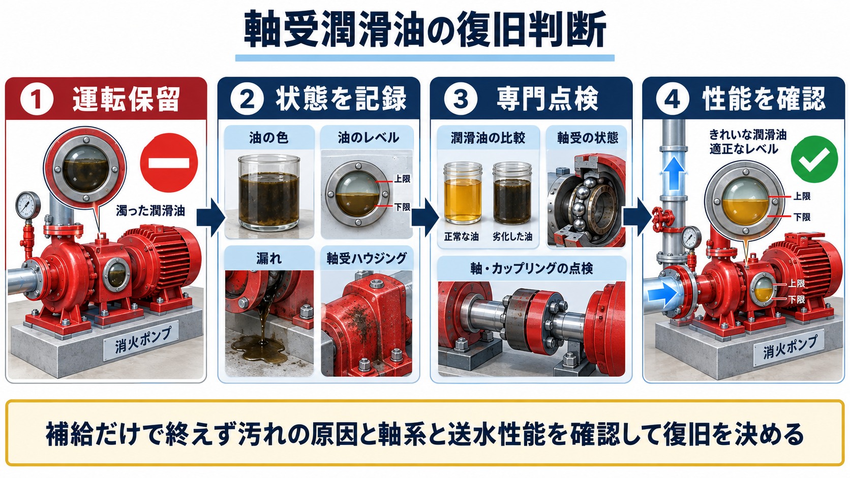 消防ポンプの軸受潤滑油の異常を発見して運転保留から記録と専門点検を経て性能確認へ進む四工程の横長インフォグラフィック