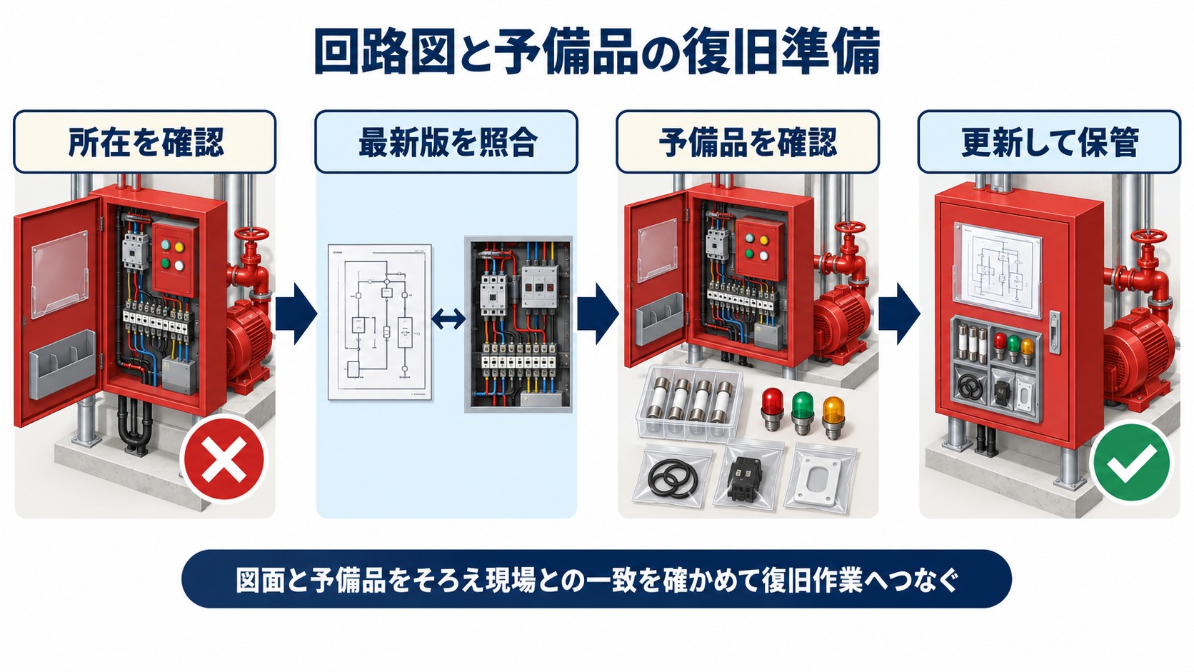 消防ポンプ制御盤の回路図と予備品を確認して最新版との照合から現場保管まで進める四工程の横長インフォグラフィック