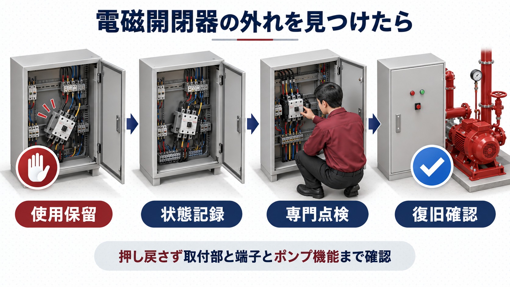 消防ポンプ制御盤の電磁開閉器が外れたとき使用保留から状態記録と専門点検を経て復旧確認へ進む横長インフォグラフィック