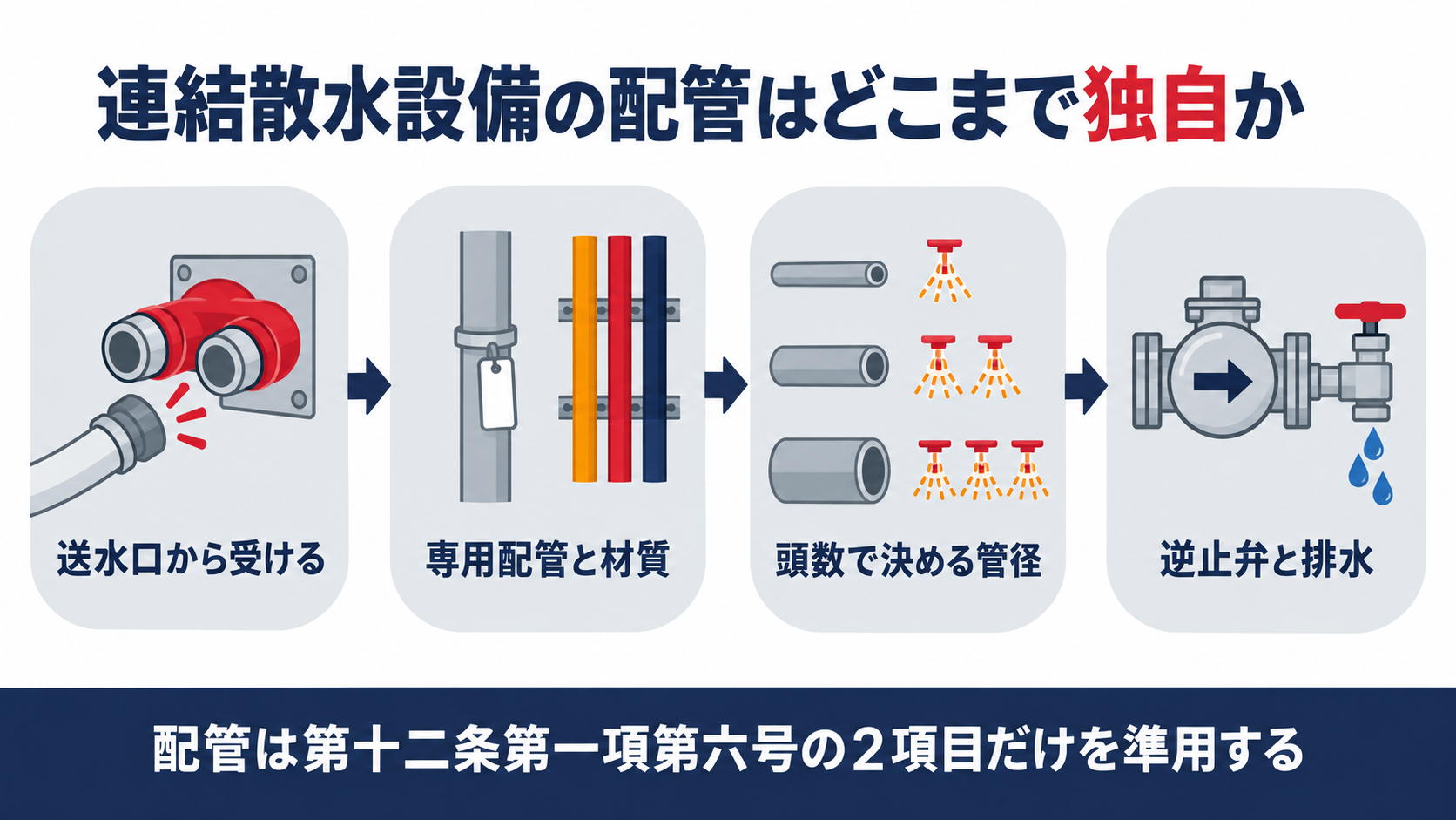連結散水設備の配管が屋内消火栓の基準を2項目だけ準用し独自の管径表と排水措置を持つ仕組みを示す図解