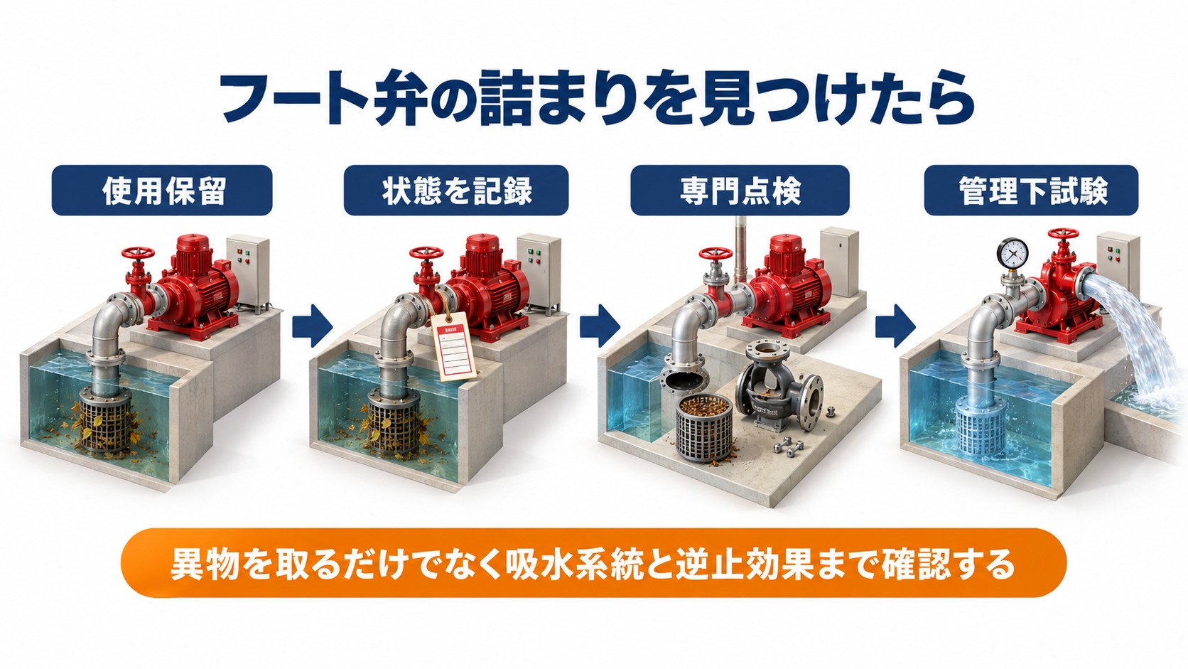 フート弁の詰まりを発見して使用保留と記録と専門点検と管理下試験へ進む4工程の横長インフォグラフィック