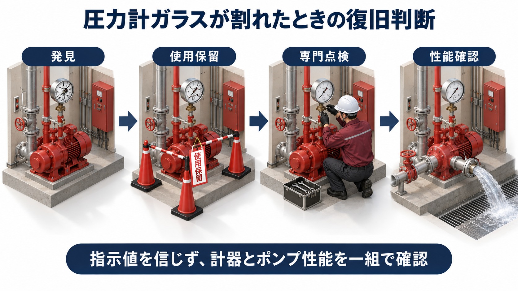 割れた消防ポンプ圧力計の発見から使用保留と専門点検を経て性能確認する流れ