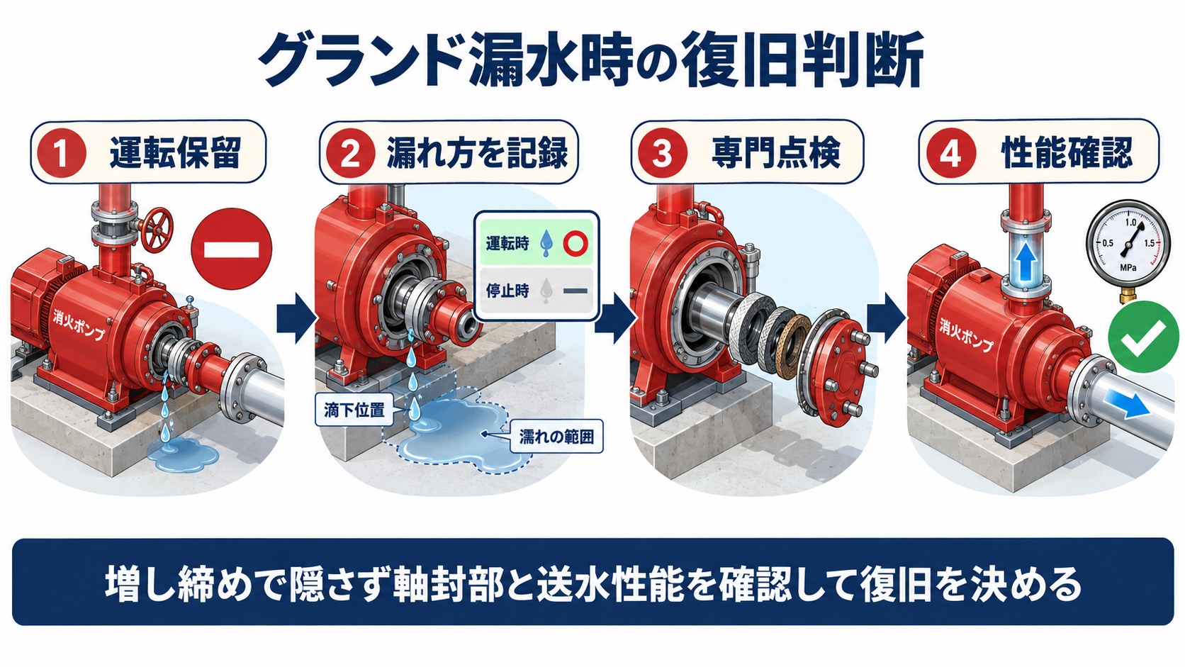 消防ポンプのグランド漏水を見つけて運転保留から記録と専門点検を経て性能確認へ進む四工程の横長インフォグラフィック