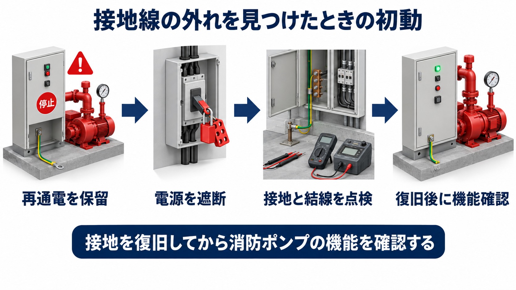 外れた接地線を見つけた消防ポンプ制御盤を再通電保留から電源遮断と専門点検を経て機能確認する四工程の横長インフォグラフィック
