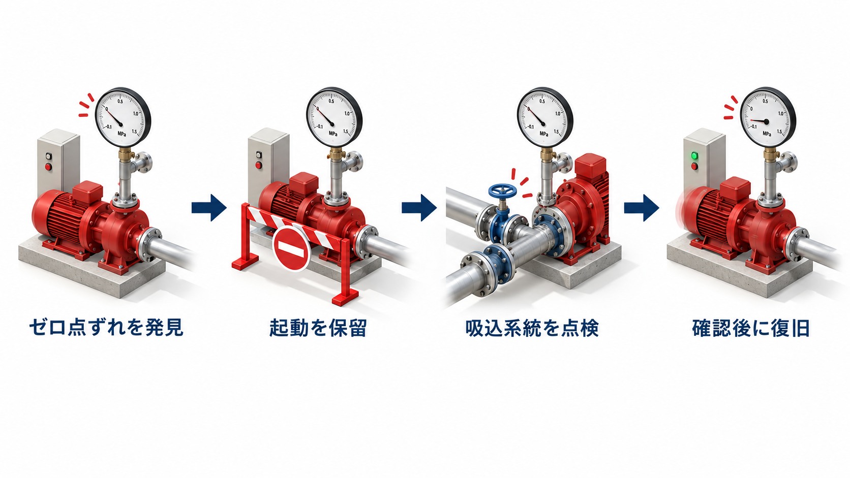 ずれた消防ポンプ連成計の発見から使用保留と専門点検を経て性能確認する流れ