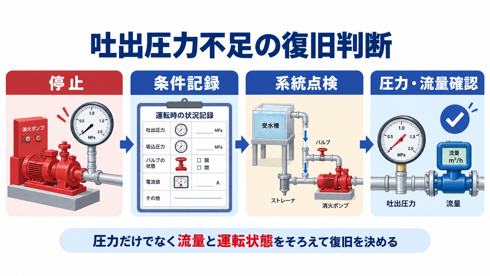 消防ポンプの吐出圧力不足を確認して停止から条件記録と系統点検を経て圧力と流量の確認へ進む四工程の横長インフォグラフィック