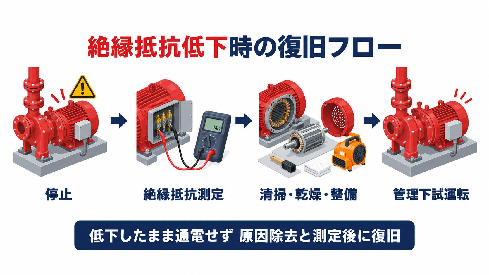 絶縁抵抗低下の発見から停止と測定と整備を経て復旧する4工程の横長アイソメ図