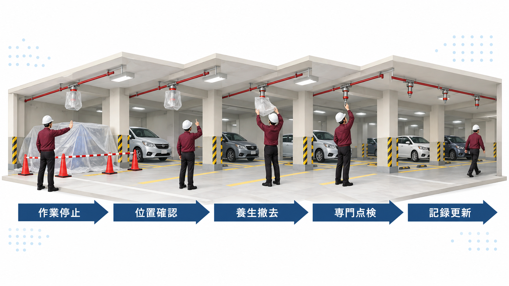 粉末消火設備の噴射ヘッドを覆う養生を発見して作業停止から専門点検と記録更新へ進む横長アイソメ図
