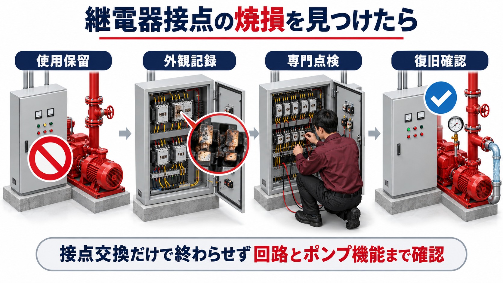消防ポンプ制御盤の継電器接点が焼損したとき使用保留から外観記録と専門点検を経て復旧確認へ進む横長インフォグラフィック