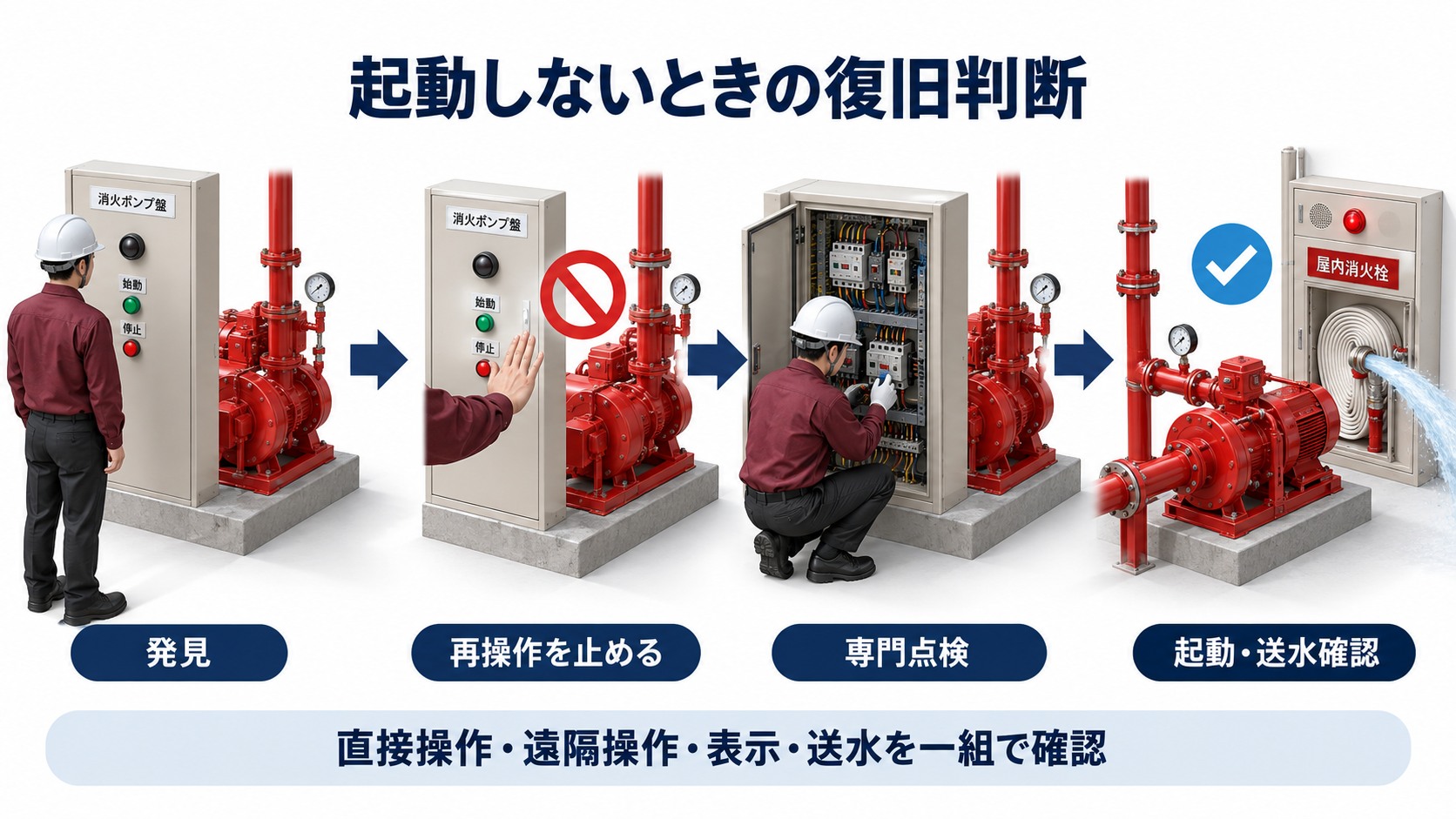 消防ポンプが起動しないときに再操作を止め専門点検と送水確認へ進む復旧判断