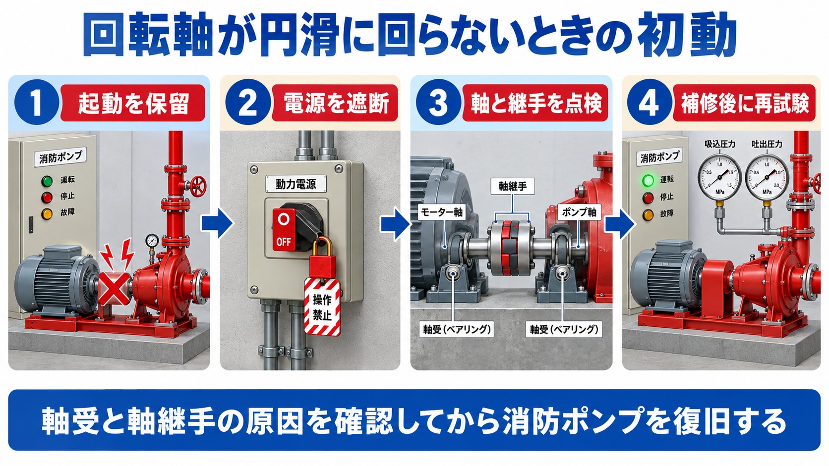 回転軸が円滑に回らない消防ポンプを起動保留から電源遮断と軸継手点検を経て再試験する４工程の横長インフォグラフィック