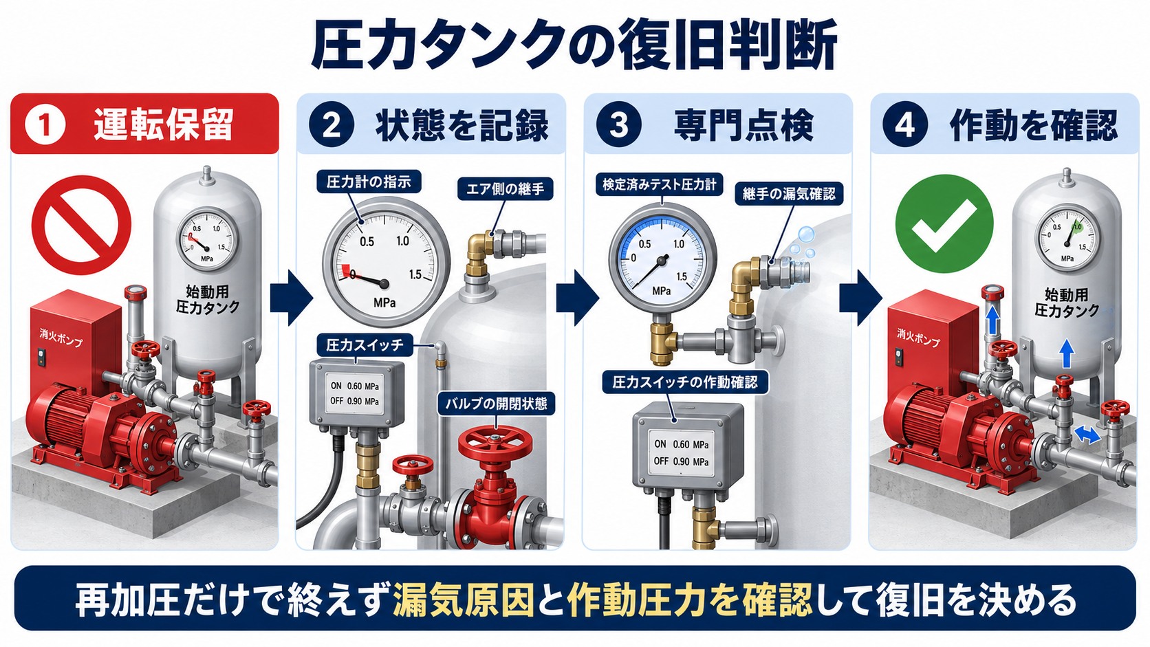 起動用圧力タンクの圧力低下を発見して運転保留から記録と専門点検を経て作動確認へ進む四工程の横長インフォグラフィック