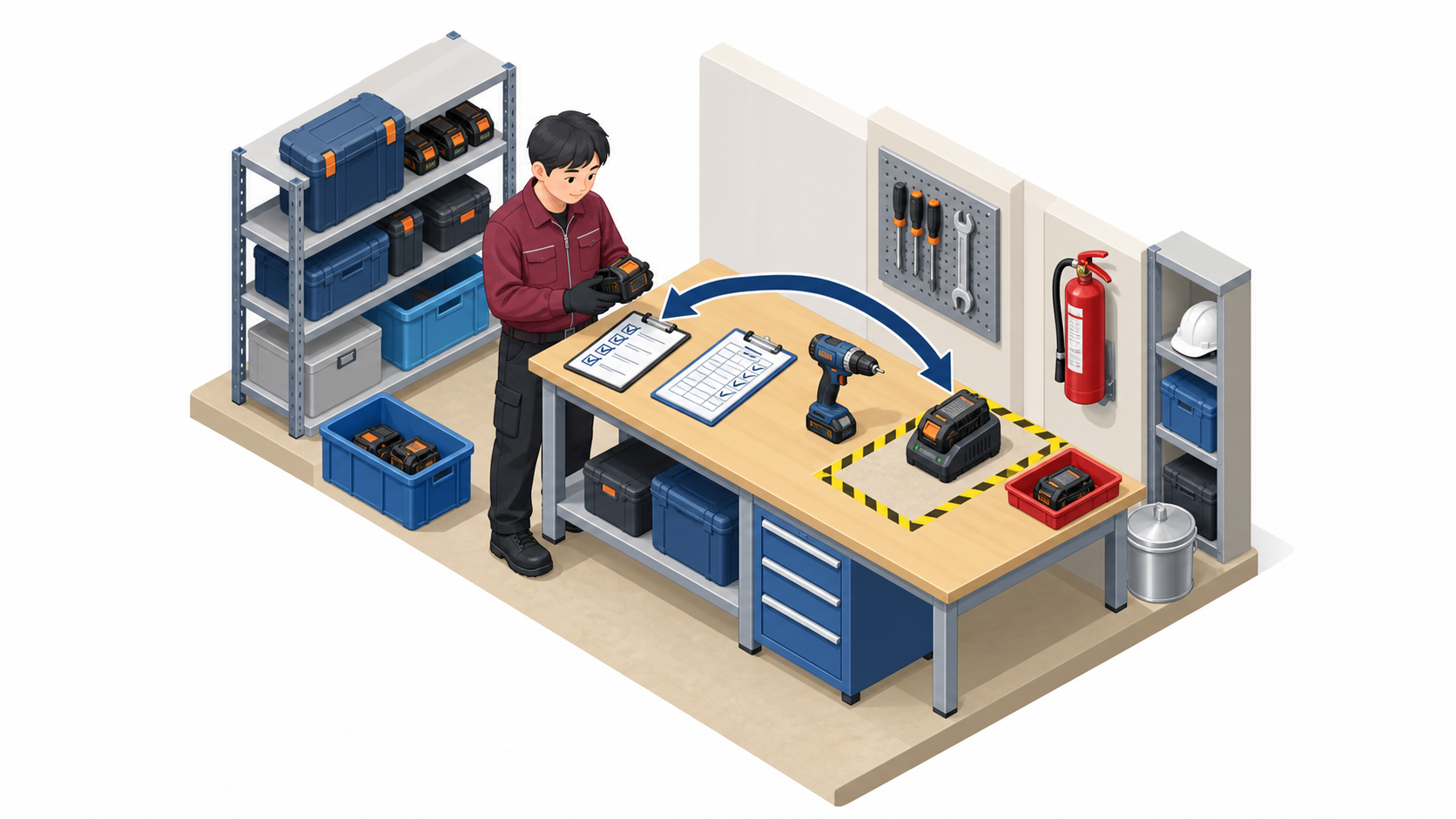 災害復旧用電動工具の本体と純正バッテリーと充電器を一組で管理する中央一場面のアイソメ図