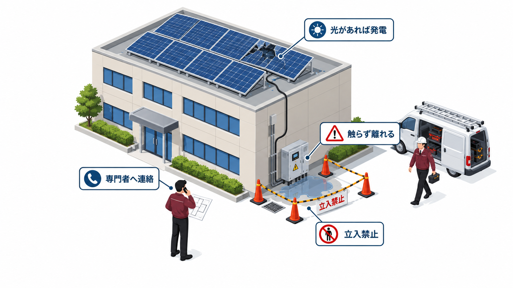 被災した太陽光発電設備に触れず立入禁止として専門者へ連絡する流れを示す中央一場面のアイソメ図