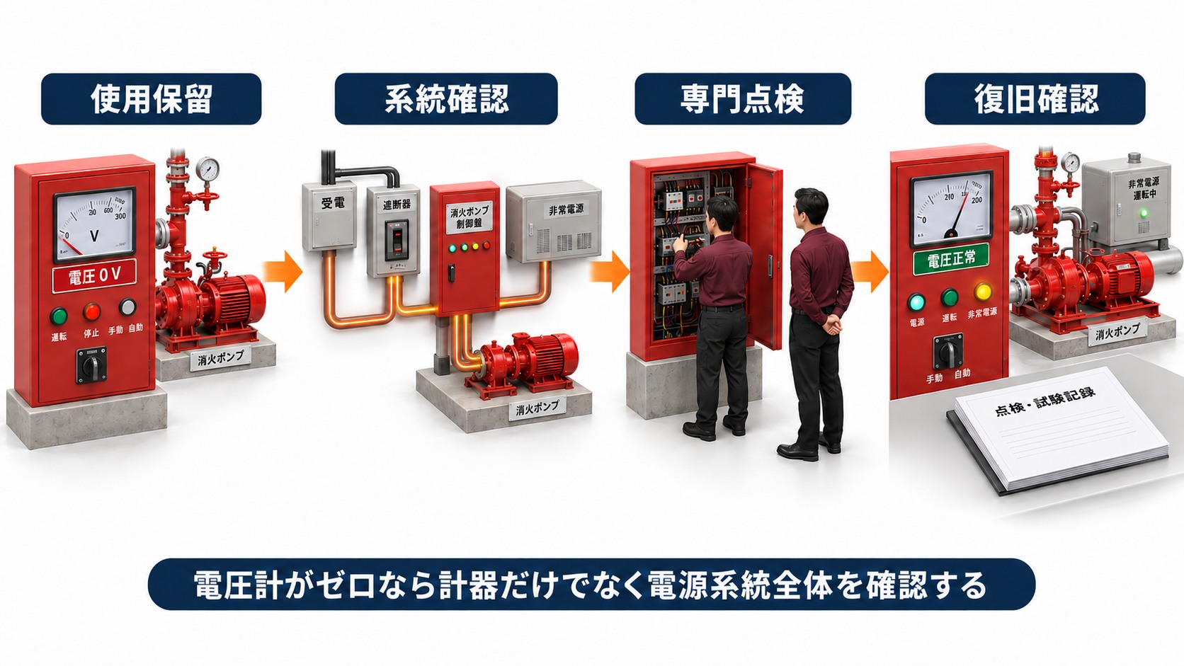 消防ポンプ制御盤の電圧計がゼロのとき使用保留から系統確認と専門点検を経て復旧確認へ進む横長インフォグラフィック