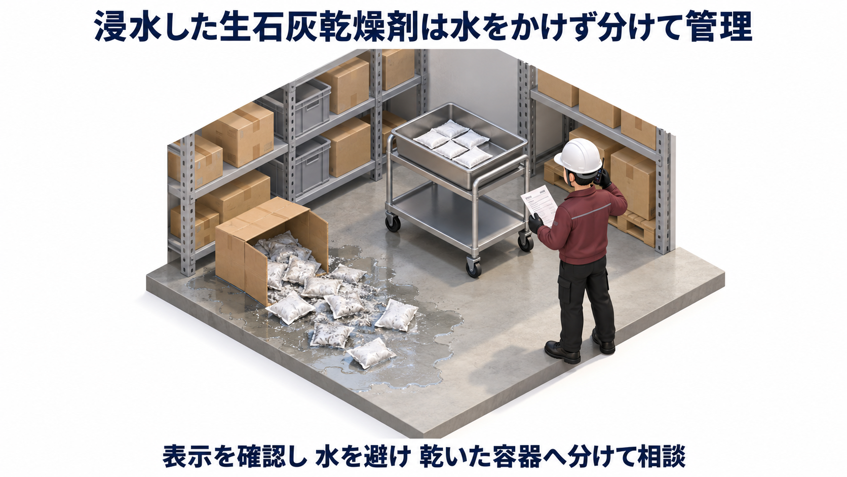 浸水した生石灰乾燥剤へ水をかけず乾いた容器へ分けて相談する一場面のアイソメ図
