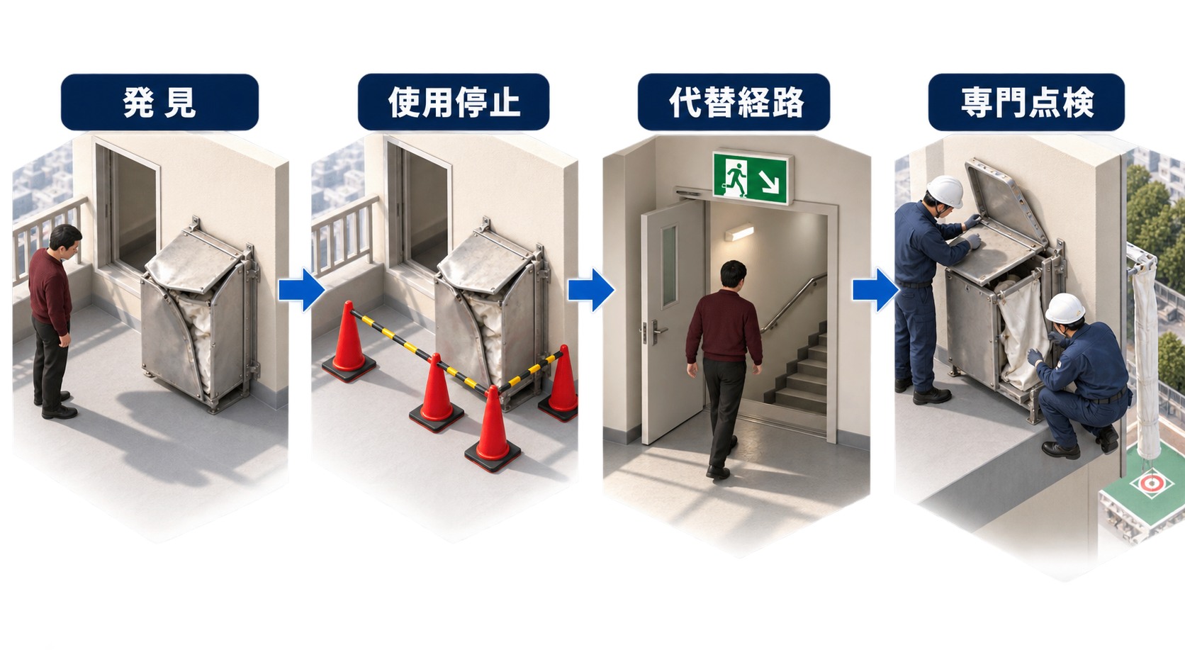 救助袋の格納箱変形を発見して使用停止と代替経路確保を経て専門点検へ進む四段階の横長インフォグラフィック