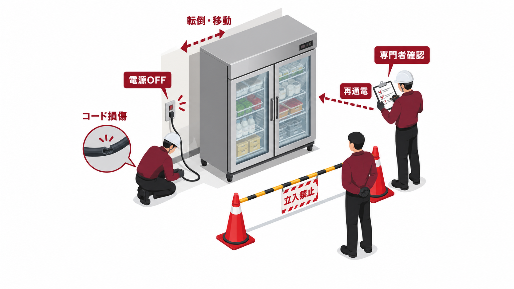 災害後の冷蔵庫を停電状態のまま隔離し電源コードを確認して専門者が再通電を判断する中央一場面のアイソメ図
