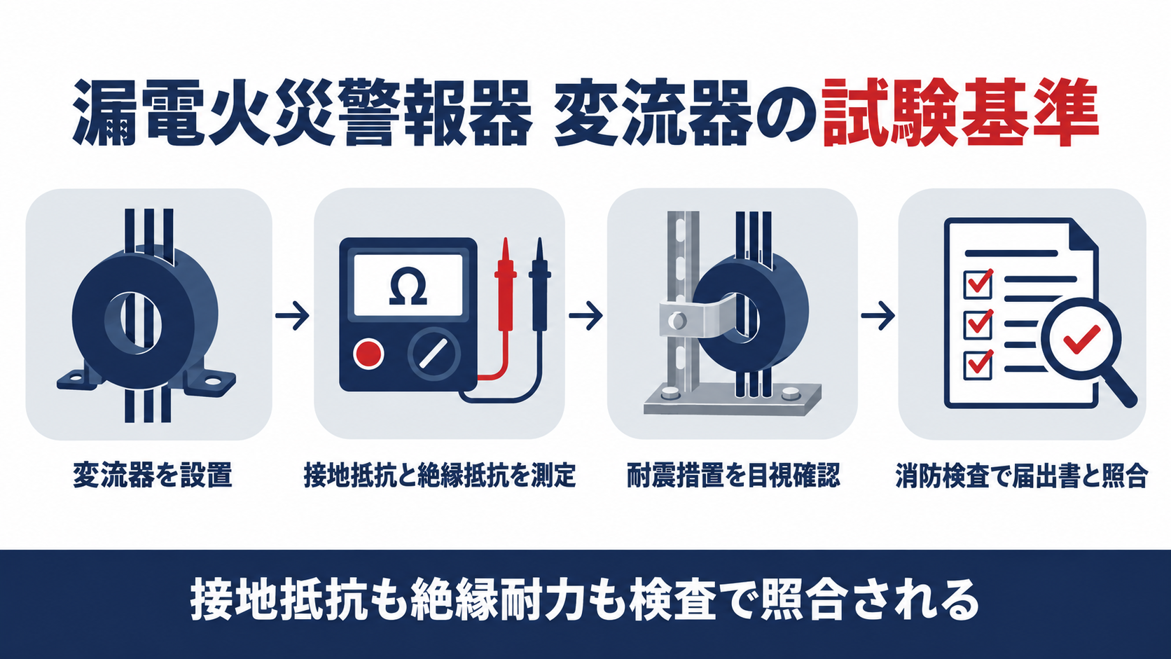 漏電火災警報器の変流器を設置してから消防検査で照合するまでの試験基準を示す図解