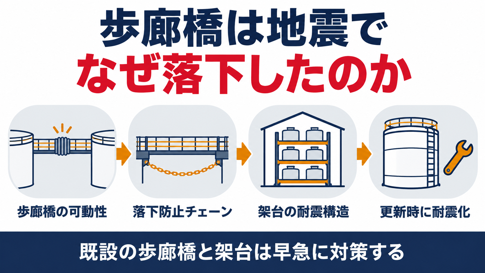 歩廊橋の耐震対策をまとめた図解
