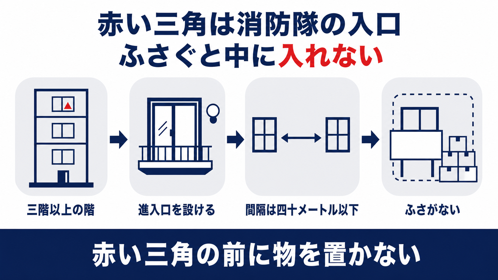3階以上の階に非常用の進入口を設け間隔を40メートル以下としふさがないまでの流れを示した図