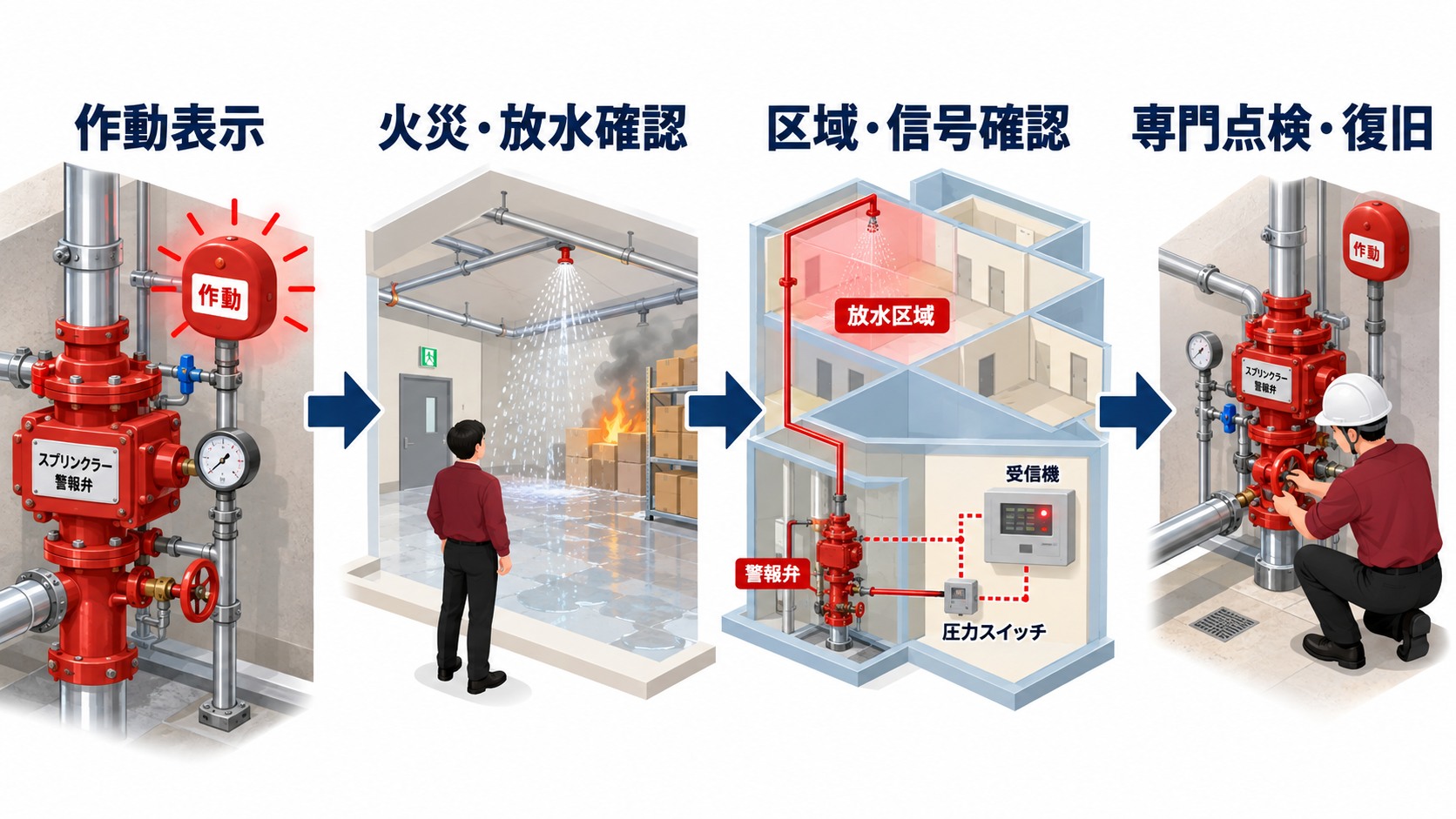 スプリンクラーの作動表示から火災と放水の確認と区域と信号の確認と専門点検と復旧へ進む流れを示す横長インフォグラフィック