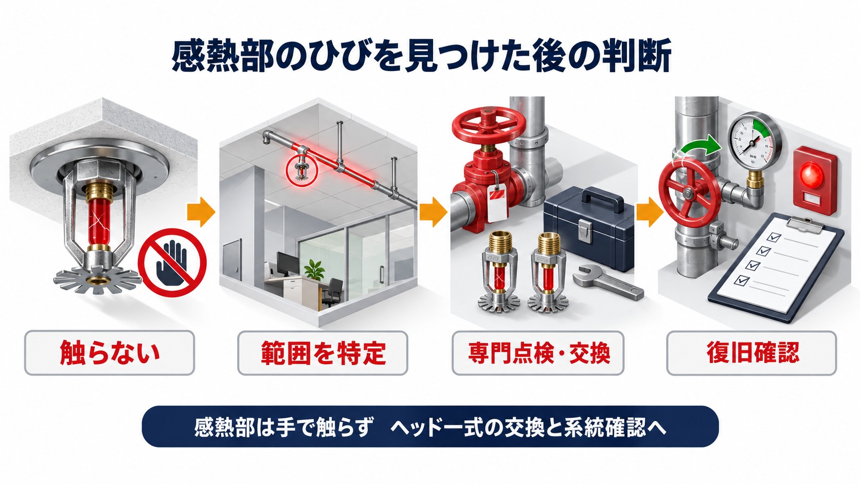 スプリンクラーヘッドの感熱部にひびを見つけた後に触らず範囲を特定し専門点検と交換を経て復旧確認する流れを示す横長インフォグラフィック
