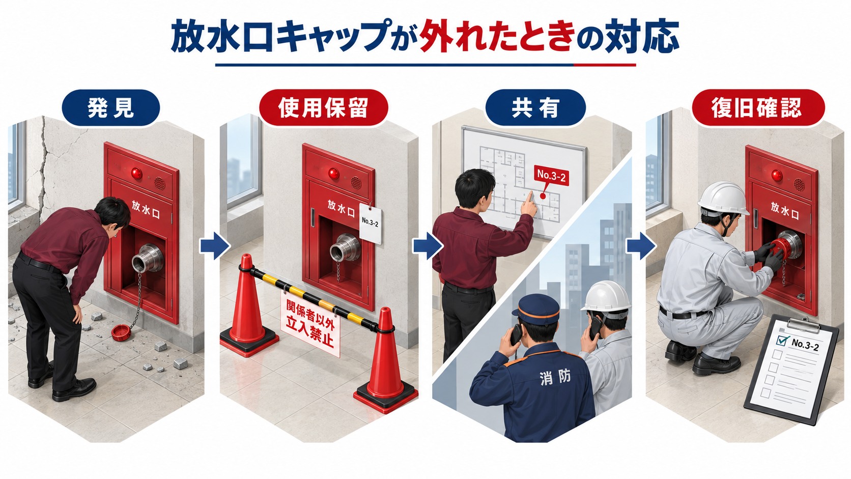 放水口キャップの脱落を発見して使用保留と共有と専門点検から復旧確認へ進む横長インフォグラフィック