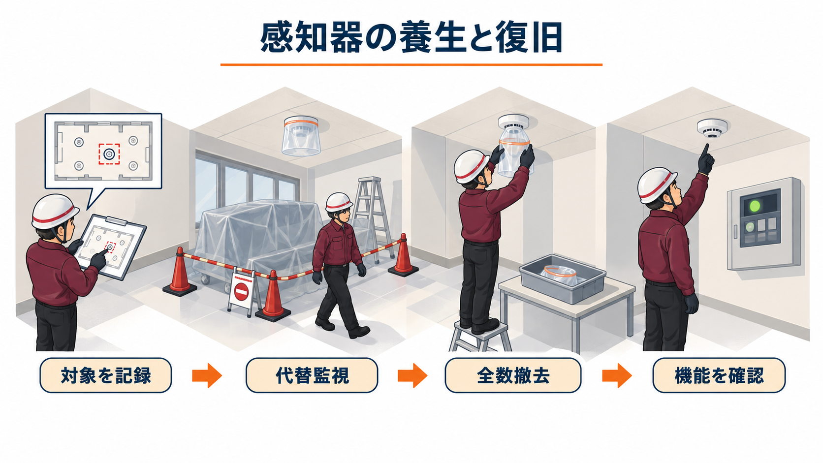 災害復旧中の感知器養生を事前確認から代替監視と全数撤去を経て機能復旧する流れのアイソメ図