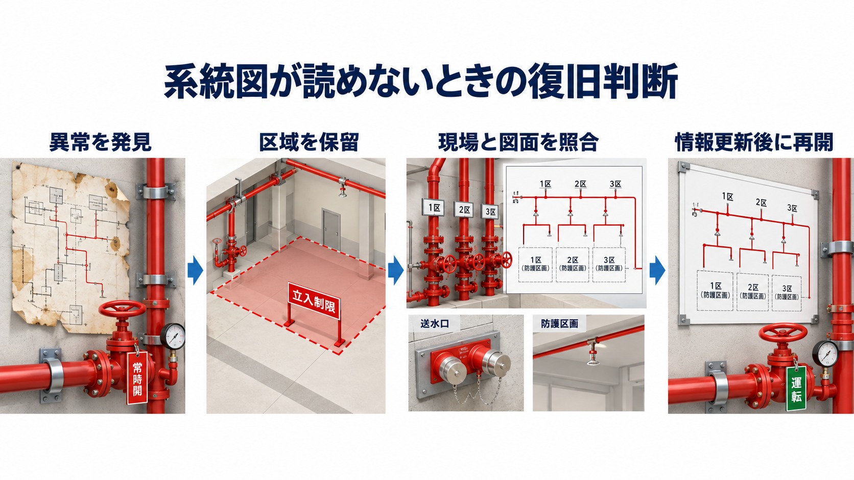 系統図の異常発見から区域保留と現場照合を経て情報更新後に再開する横長インフォグラフィック