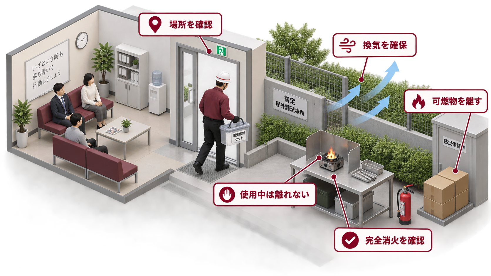 固形燃料を社内待機場所では使わず安全な指定場所で管理する流れのアイソメ図