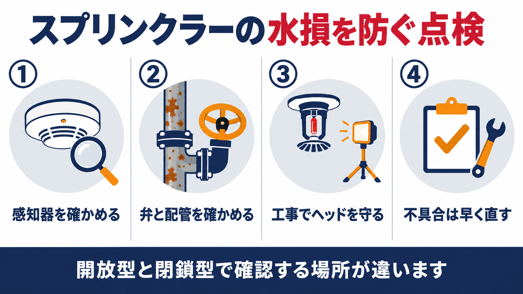 スプリンクラー設備の水損を防ぐ４つの確認点の概要図解