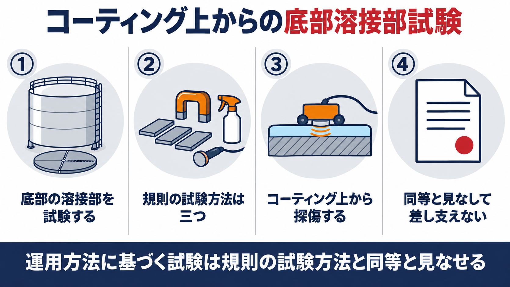 コーティング上からの底部溶接部試験を、底部の溶接部を試験する、規則の試験方法は三つ、コーティング上から探傷する、同等と見なして差し支えないの４つで整理した概要図解
