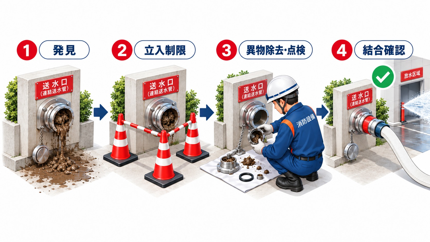 泥が入った連結散水設備の送水口を立入制限から異物除去と結合確認へつなぐ横長インフォグラフィック