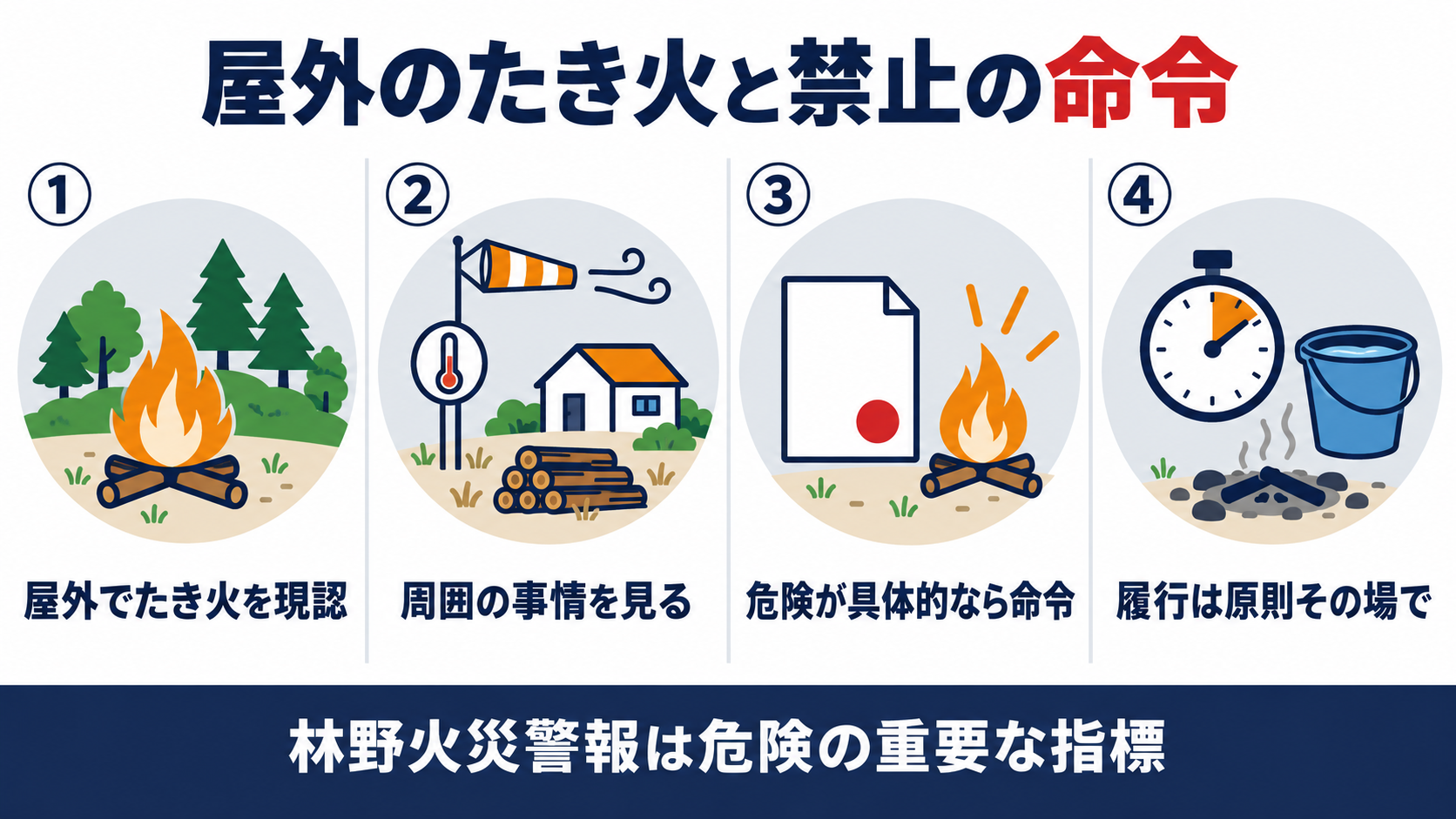 屋外のたき火と禁止の命令を、屋外でたき火を現認、周囲の事情を見る、危険が具体的なら命令、履行は原則その場での４つで整理した概要図解