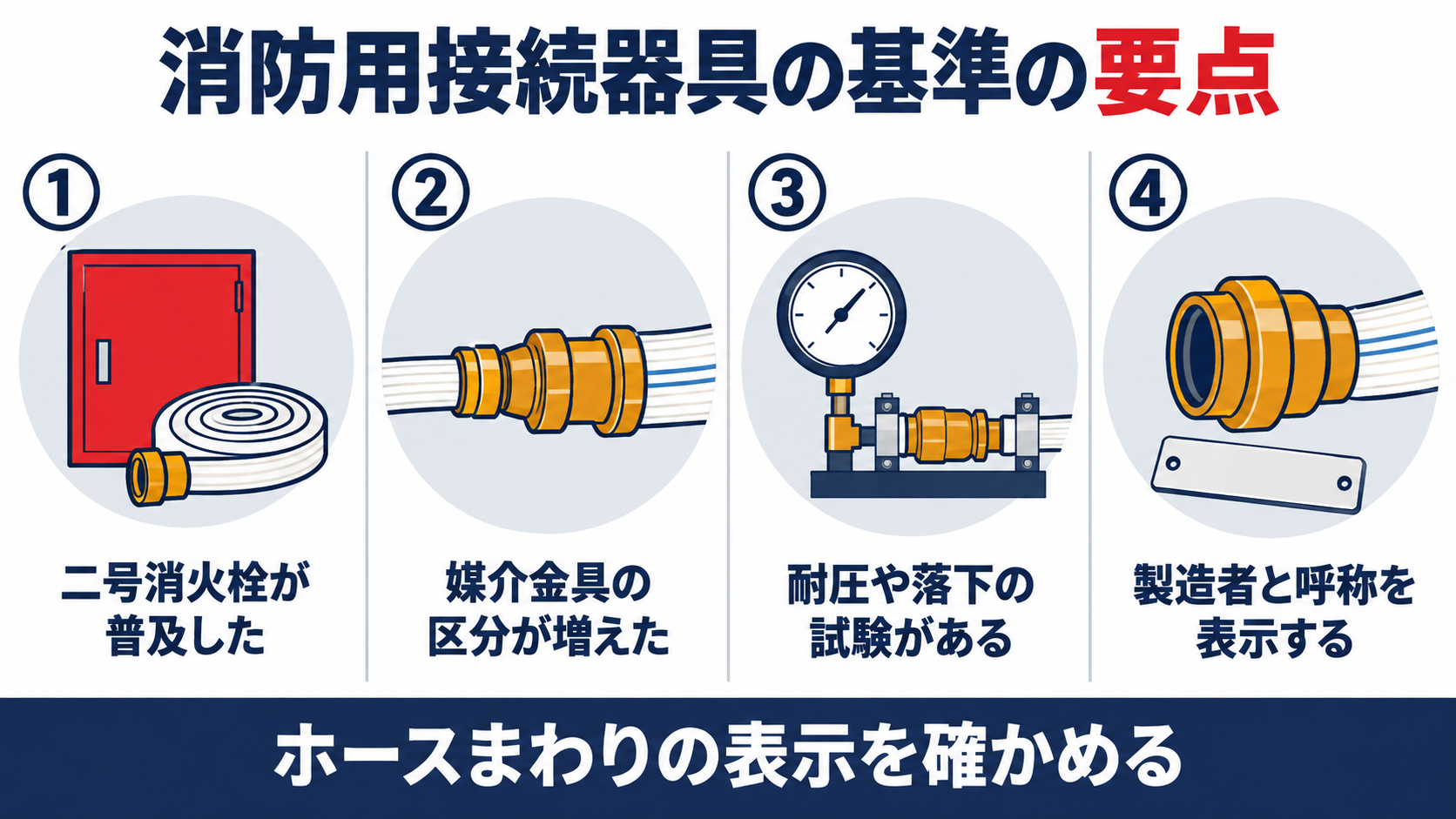 消防用接続器具の基準の要点を、２号消火栓が普及したこと、媒介金具の区分が増えたこと、耐圧や落下の試験があること、製造者と呼称を表示することの４つで整理した概要図解