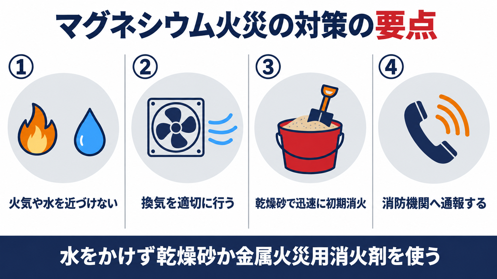 マグネシウム火災の対策の要点を、火気や水を近づけないこと、換気を適切に行うこと、乾燥砂で迅速に初期消火すること、消防機関へ通報することの４つで整理した概要図解