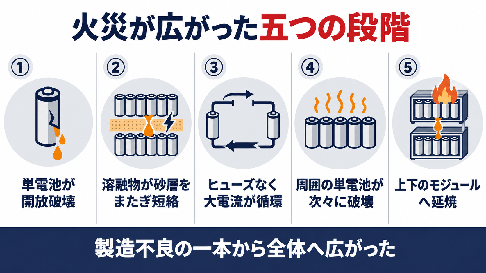 ナトリウム・硫黄電池の火災が広がった五つの段階を、単電池の開放破壊、溶融物による短絡、ヒューズの無い回路の大電流、周囲の単電池の破壊、上下のモジュールへの延焼で整理した図解