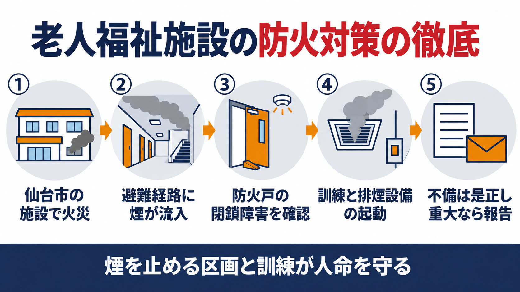 老人福祉施設の火災を受けた通知を、仙台市の施設で火災が起きたこと、避難経路に煙が流入したこと、防火戸の閉鎖障害を確認すること、訓練と排煙設備の起動を重点にすること、不備は是正し重大なら報告することの五段階で示した図解