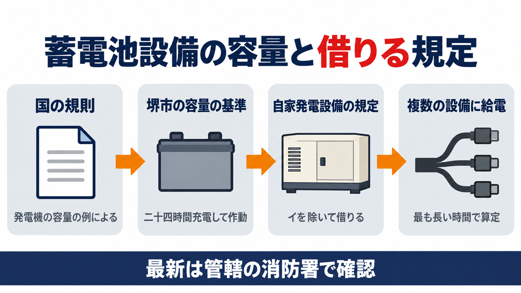 国の規則が蓄電池設備の容量を自家発電設備の容量の例によるとし、堺市の基準が二十四時間充電後の作動と自家発電設備の容量規定をイを除いて借り、複数の設備には最も長い時間で算定する流れを示した図解