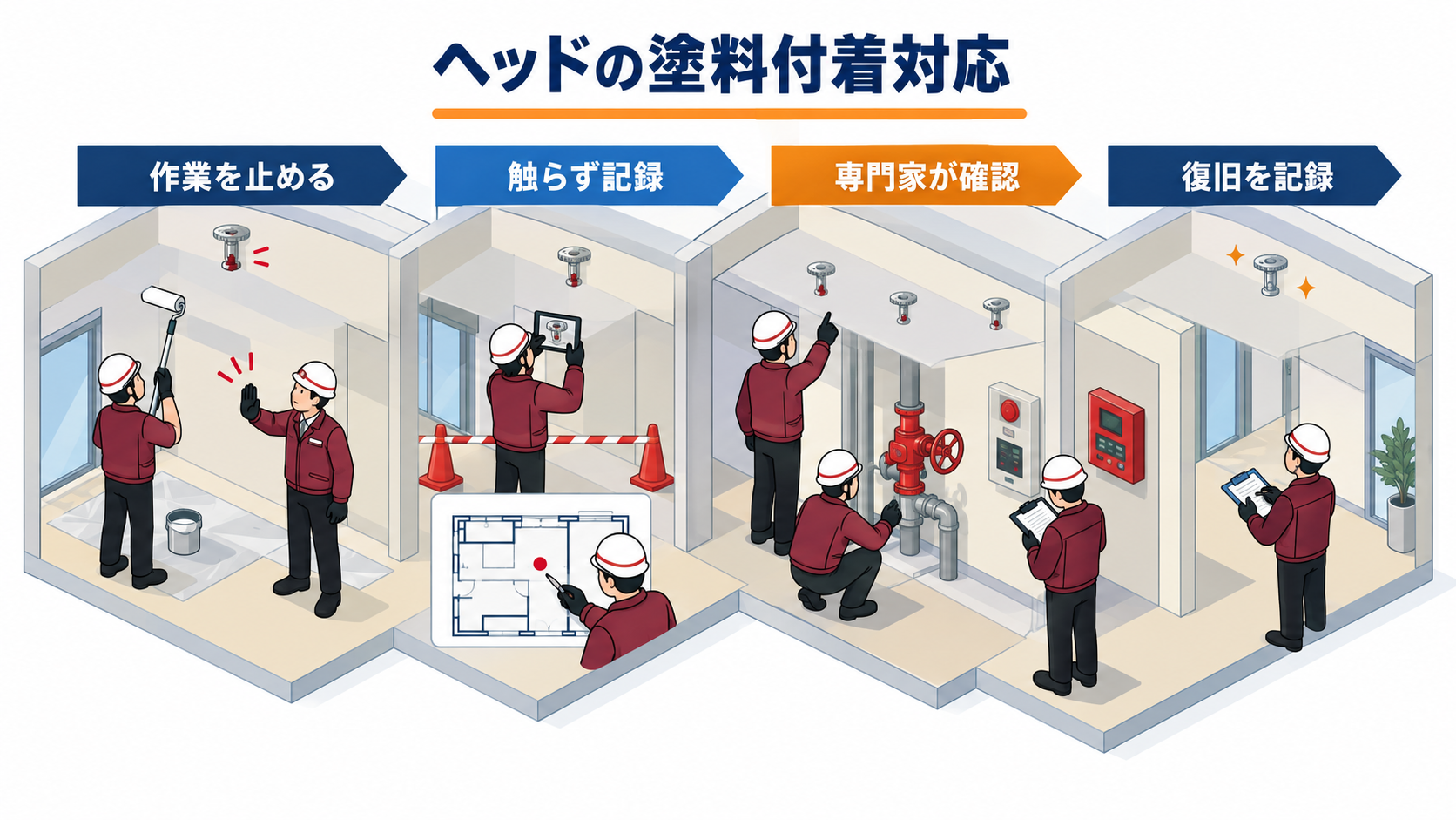 塗料が付着したスプリンクラーヘッドを触らず記録して専門業者の確認と復旧へつなぐ流れのアイソメ図