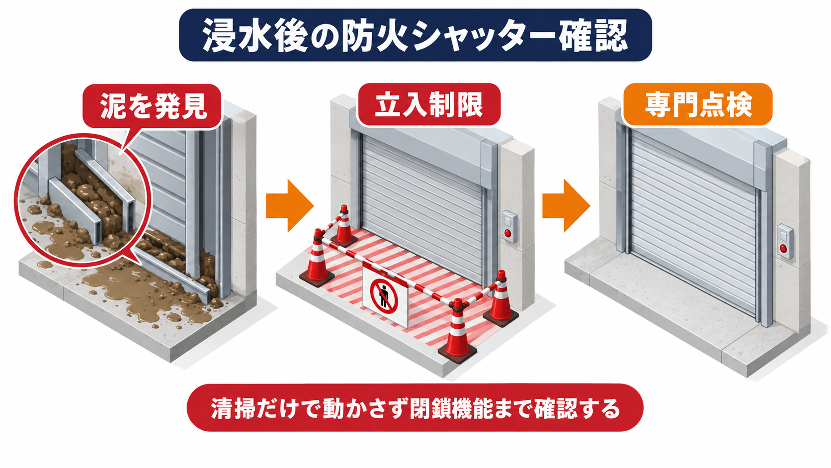 浸水後に防火シャッターの泥詰まりを発見して立入制限と専門点検へ進む図解