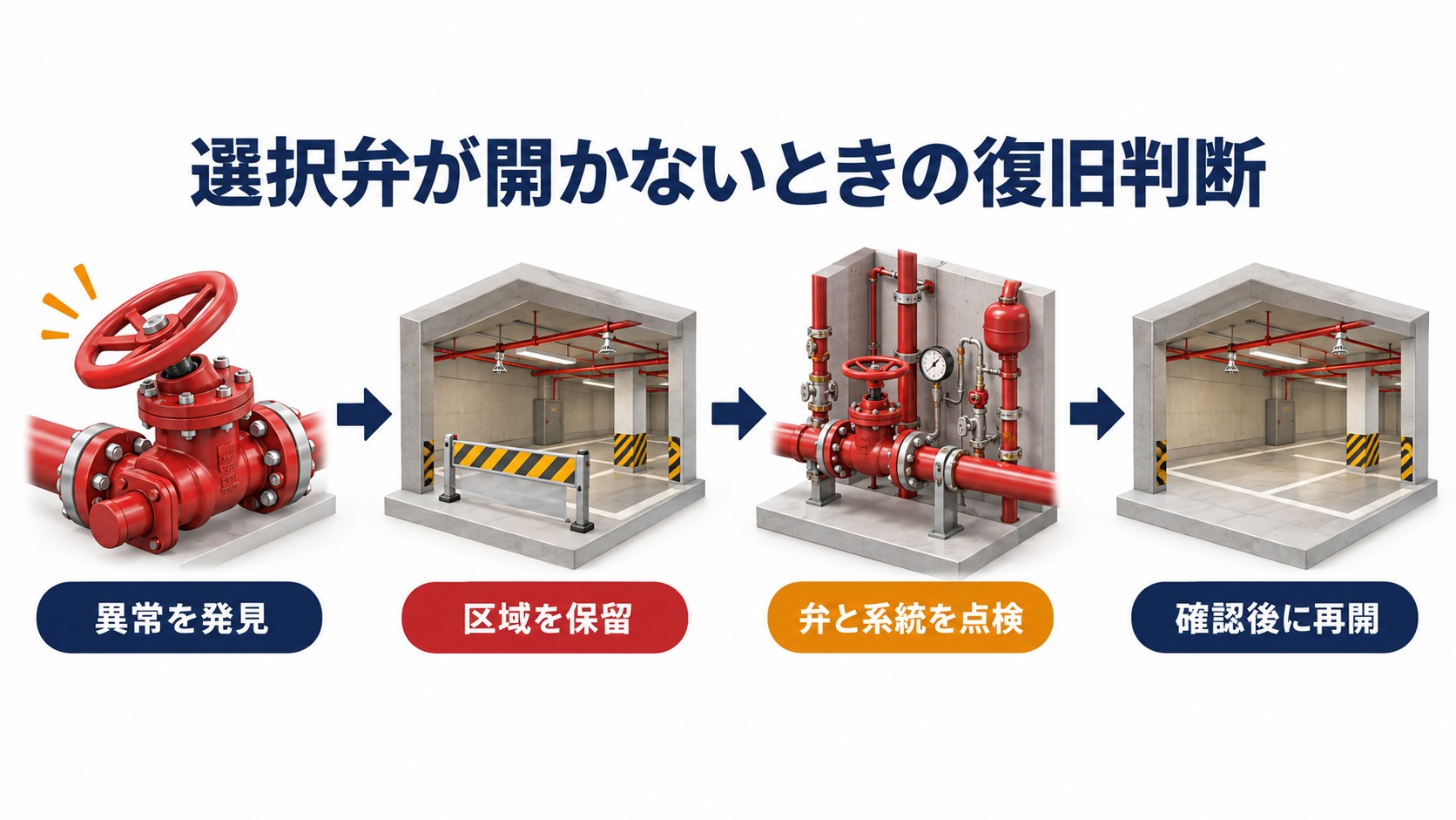選択弁の異常発見から送水区域の保留と点検を経て再開する横長インフォグラフィック