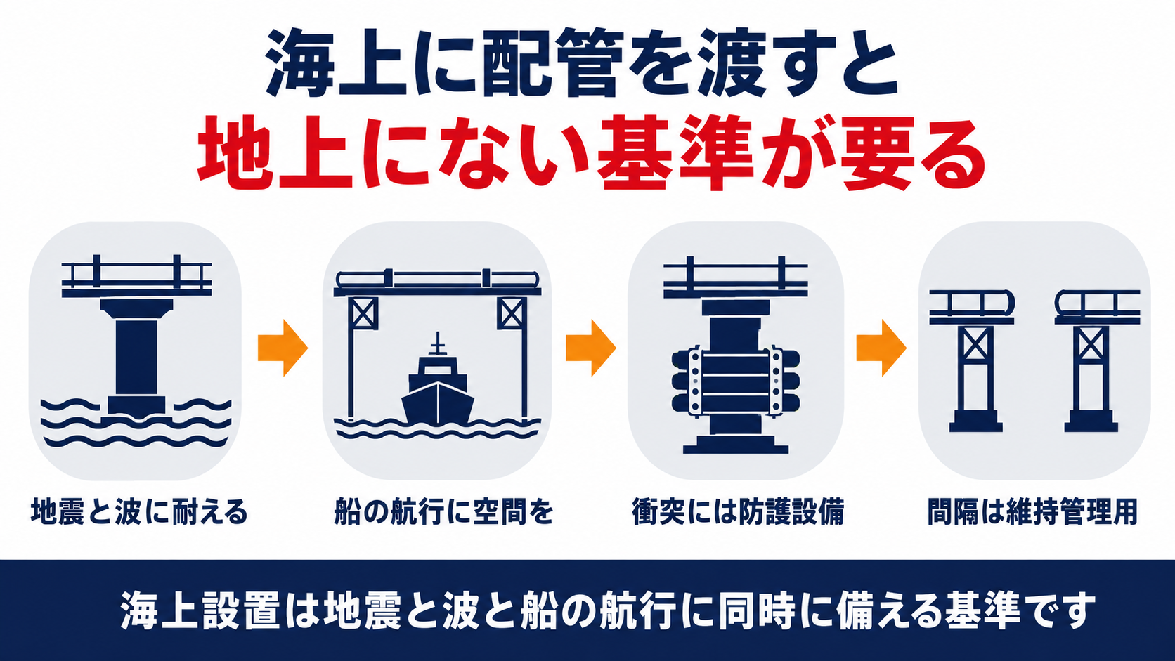 海上設置の配管に求められる支持構造船舶の航行空間防護設備維持管理間隔の四つの基準を示す図解