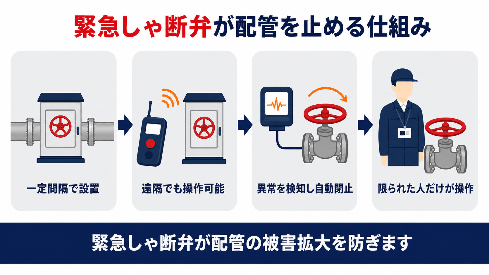 緊急しゃ断弁が配管を止める仕組みを示す図解